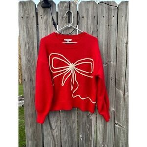Nanette Lepore Red Metallic Bow Sweater Womens Medium Balloon Sleeve Crewneck